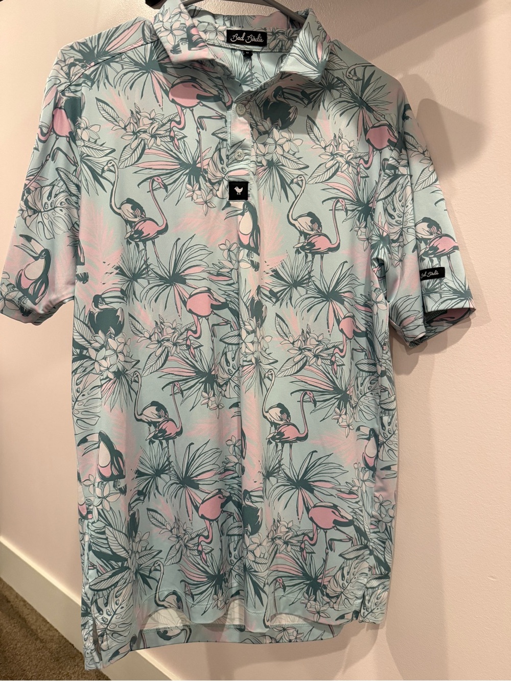 Bad Birdie Tropical Flamingo Print Polo Shirt - Light Blue/Pink
